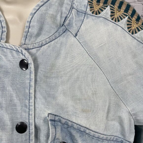 Free People Blue Linen Cotton Embroidered Stud Sleeve Light Jacket XS *stained - Picture 5 of 16